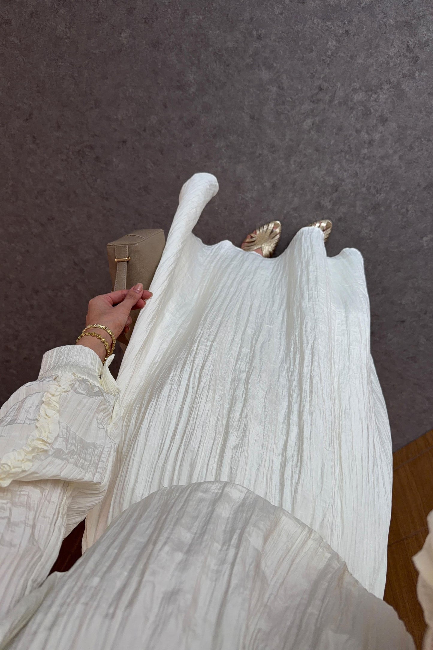 Cream Ruffle Trim Co-ord Set with Tie Neck, Puff Sleeves & Drawstring Waist