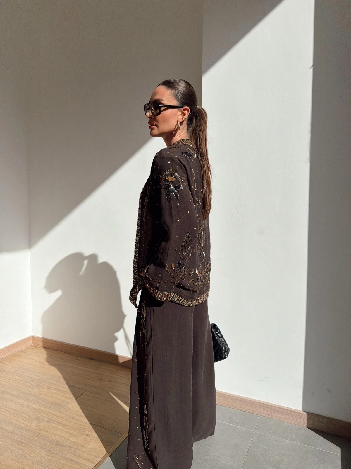 Limited Collection Embroidered Kimono & Pants Two-Piece Set – Brown