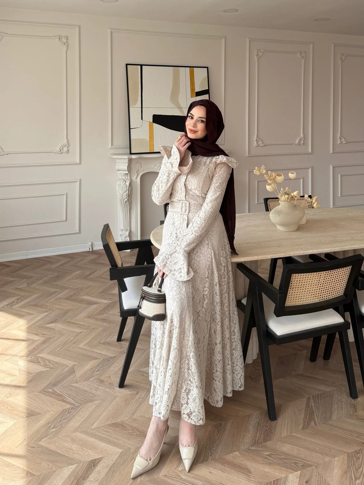 Lace Detailed Belted Maxi Dress - Beige