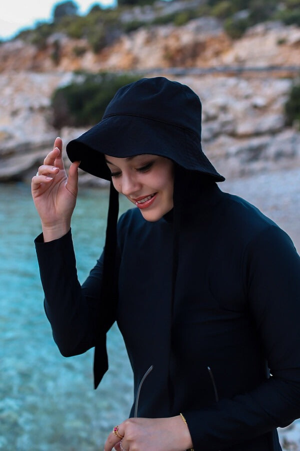 Tie-Detail Bucket Hat - Quick-Dry Wide Brim Sun Hat in Black