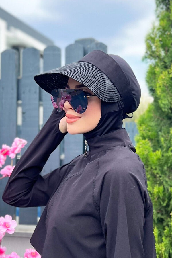 Foldable Straw Sun Visor - Wide Brim Roll-Up Beach Hat in Black