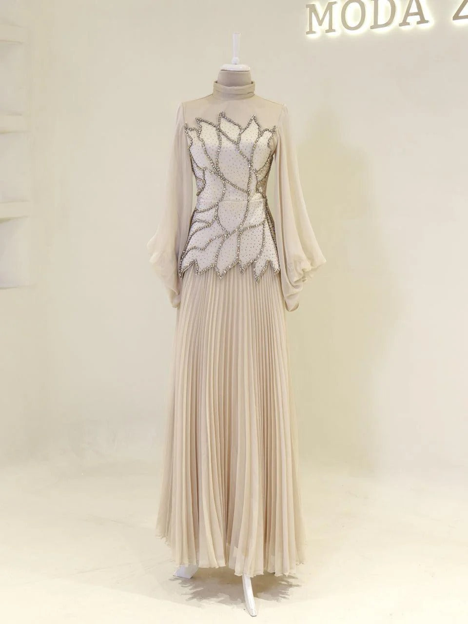 Bloomsbury Chiffon & Satin Evening Dress - Beige