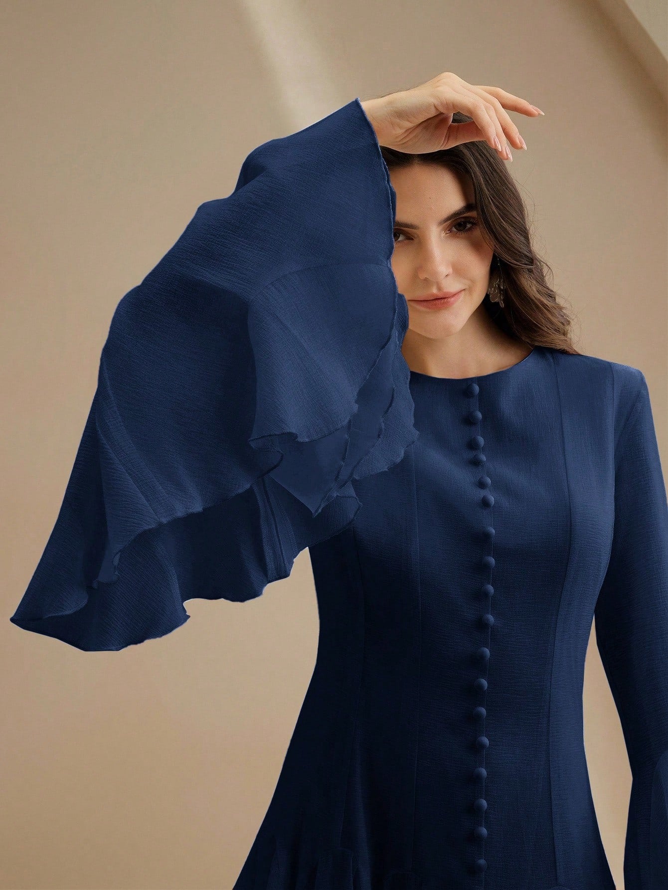 Navy Blue Long‑Sleeve Flared Midi Dress with Button Flare Sleeves