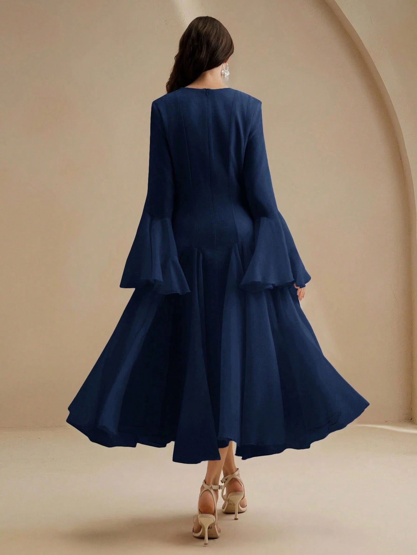 Navy Blue Long‑Sleeve Flared Midi Dress with Button Flare Sleeves