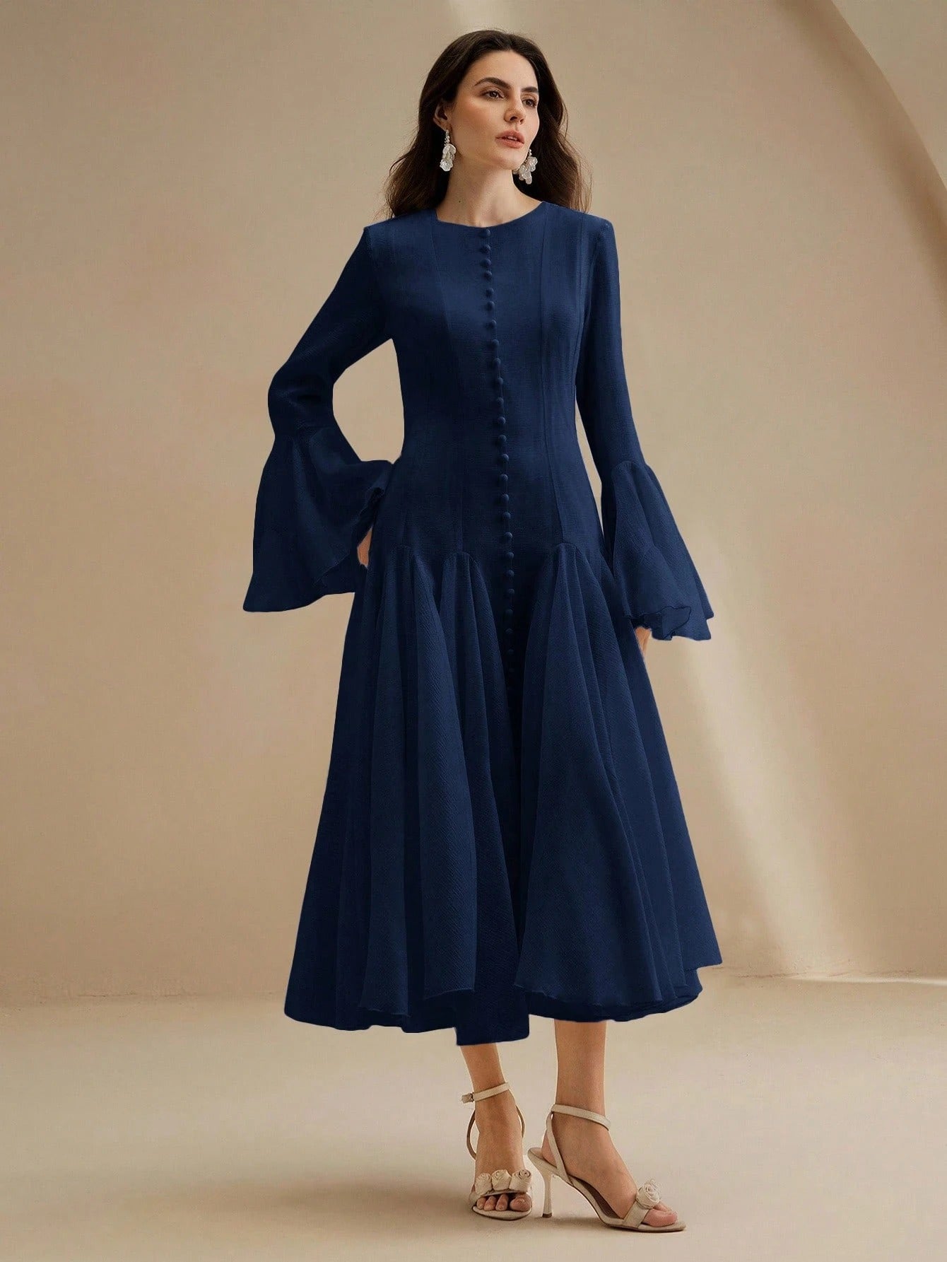 Navy Blue Long‑Sleeve Flared Midi Dress with Button Flare Sleeves