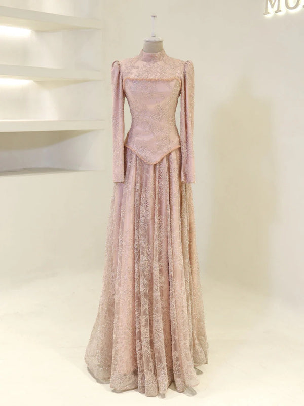 Lace Corset Modest Evening Gown - Poudra