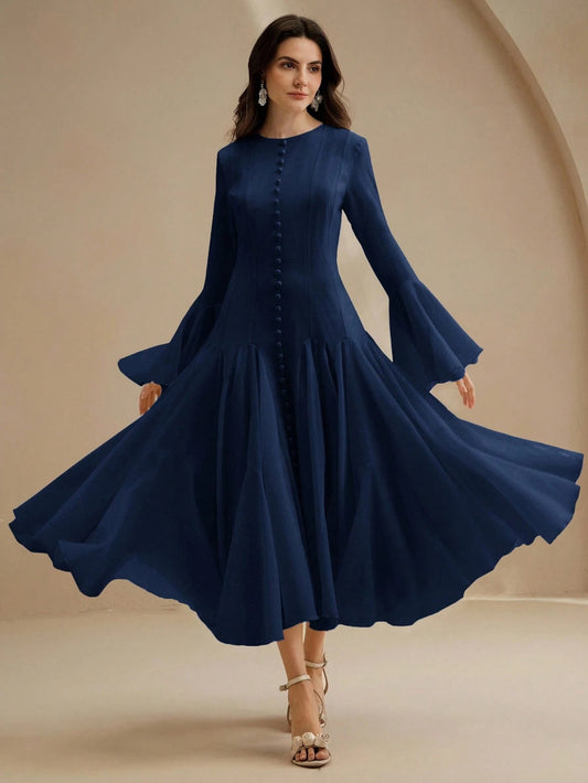 Navy Blue Long‑Sleeve Flared Midi Dress with Button Flare Sleeves