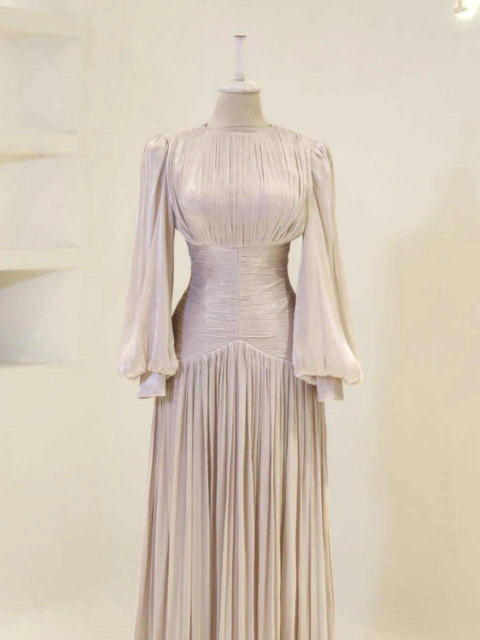 Shimmering Orchid Modest Evening Dress - Flare Pleated Gown - Beige