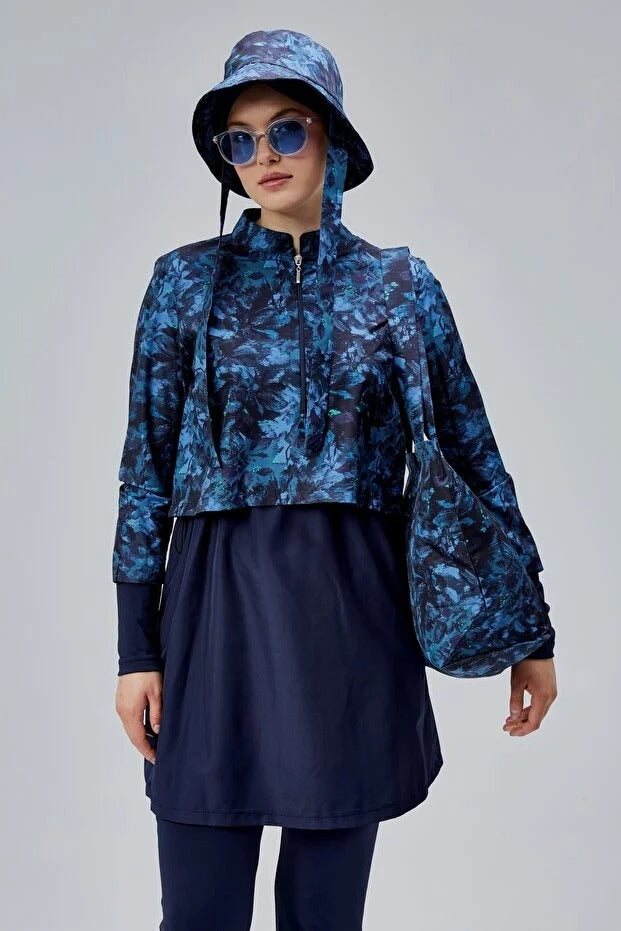 Midnight Blue Patterned Full Coverage Burkini - 3 Piece Zip-Up Swimsuit