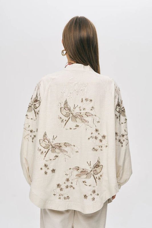 Limited Collection Butterfly Embroidered Cotton-Linen Oversized Kimono – Natur