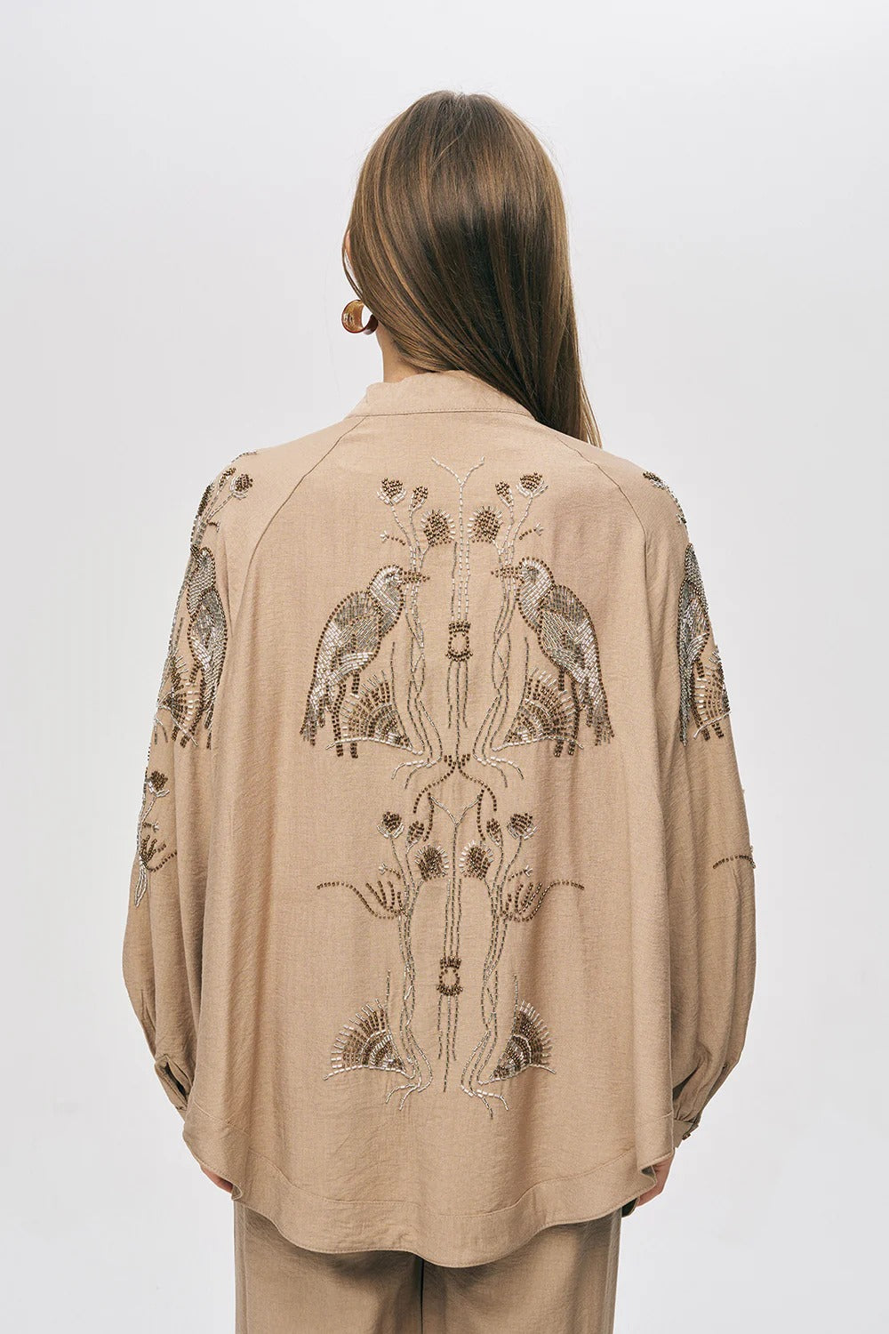 Limited Collection Oriental Bird & Floral Beaded Oversized Kimono –  Beige