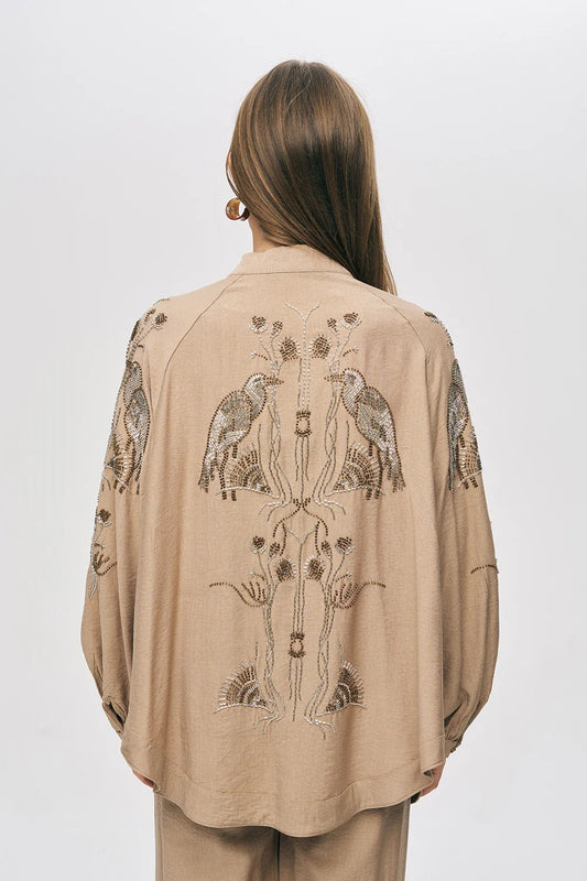 Limited Collection Oriental Bird & Floral Beaded Oversized Kimono –  Beige