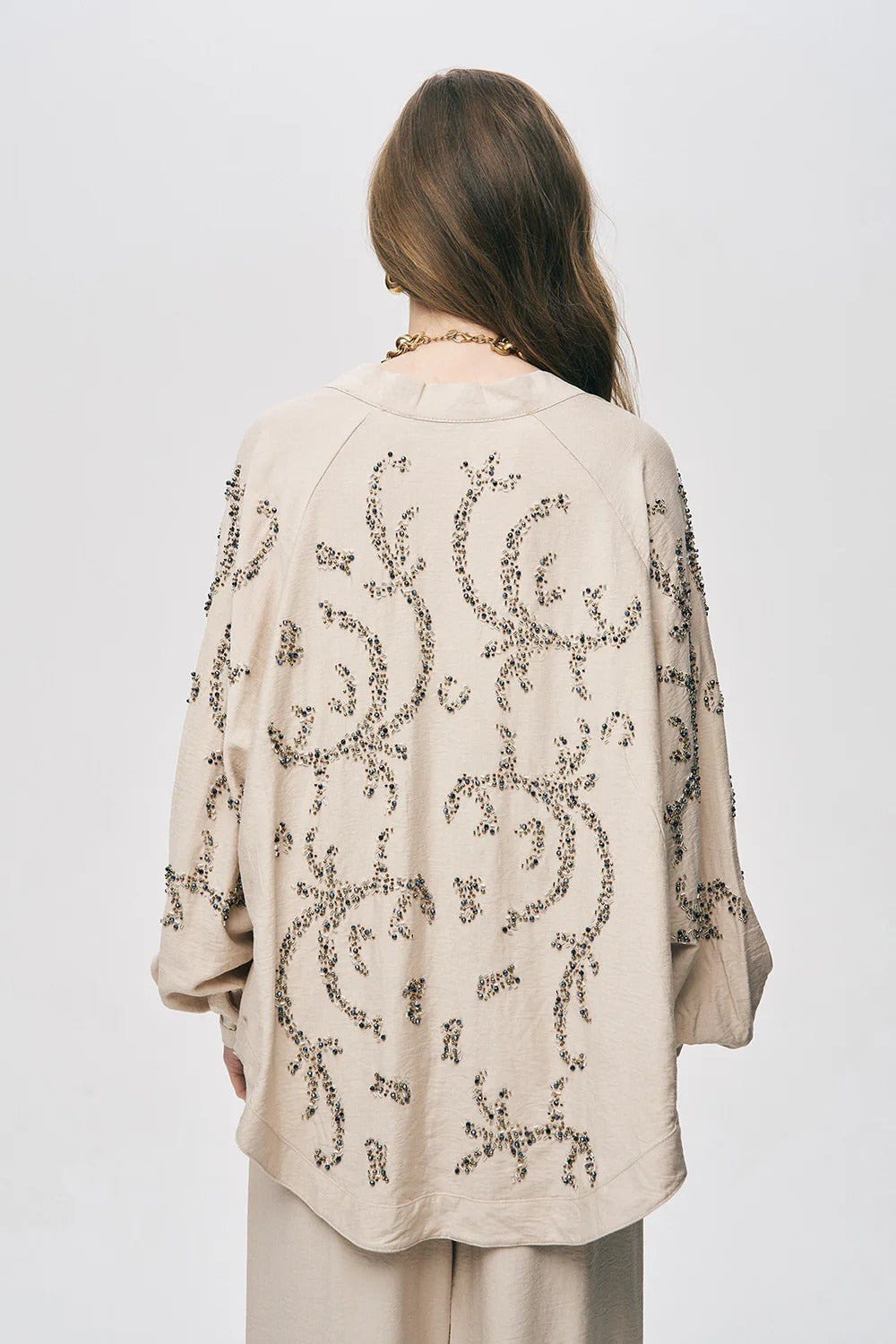 Limited Collection Sapphire Beaded Silky Viscose Oversized Kimono - Light Beige