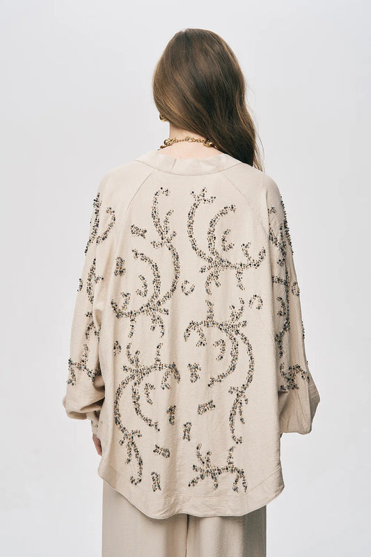 Limited Collection Sapphire Beaded Silky Viscose Oversized Kimono - Light Beige