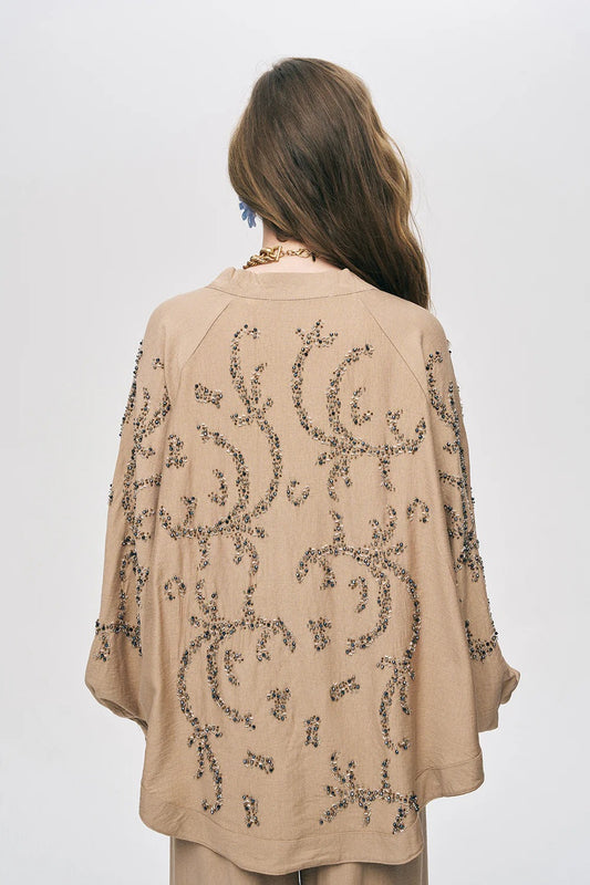 Limited Collection Sapphire Beaded Silky Viscose Oversized Kimono - Beige