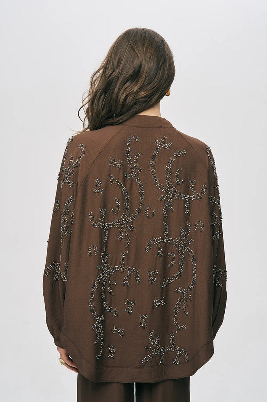 Limited Collection Sapphire Beaded Silky Viscose Oversized Kimono - Dark Chocolate