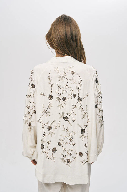 Limited Collection Floral Embroidered Viscose-Linen Oversized Kimono – Natur