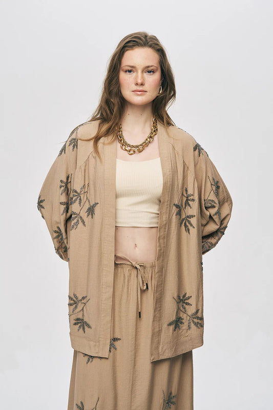 Limited Collection Leaf Embroidered Oversized Draped Kimono – Beige
