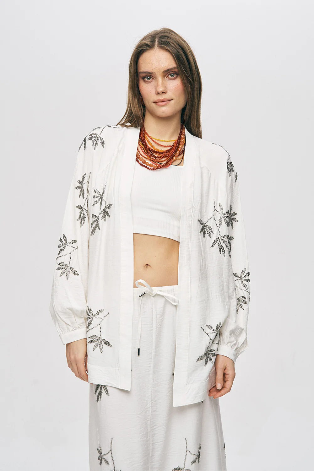 Limited Collection Leaf Embroidered Oversized Draped Kimono – Ecru