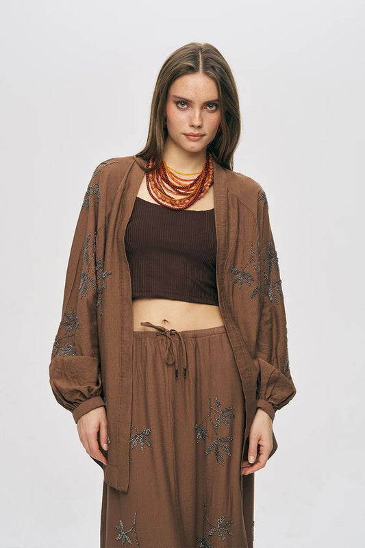 Limited Collection Leaf Embroidered Oversized Draped Kimono – Brown