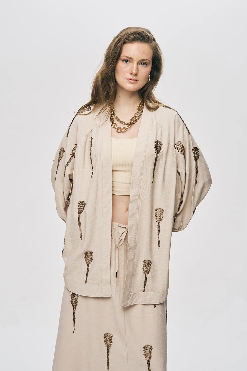 Limited Collection Hand-Made Beaded Oversized Kimono – Light Beige