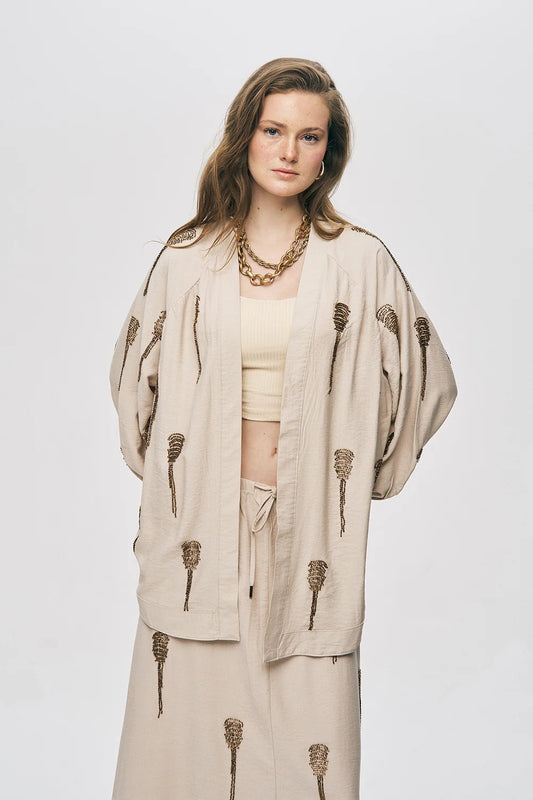 Limited Collection Hand-Made Beaded Oversized Kimono – Light Beige