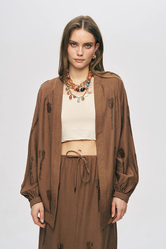 Limited Collection Hand-Made Beaded Oversized Kimono –  Brown