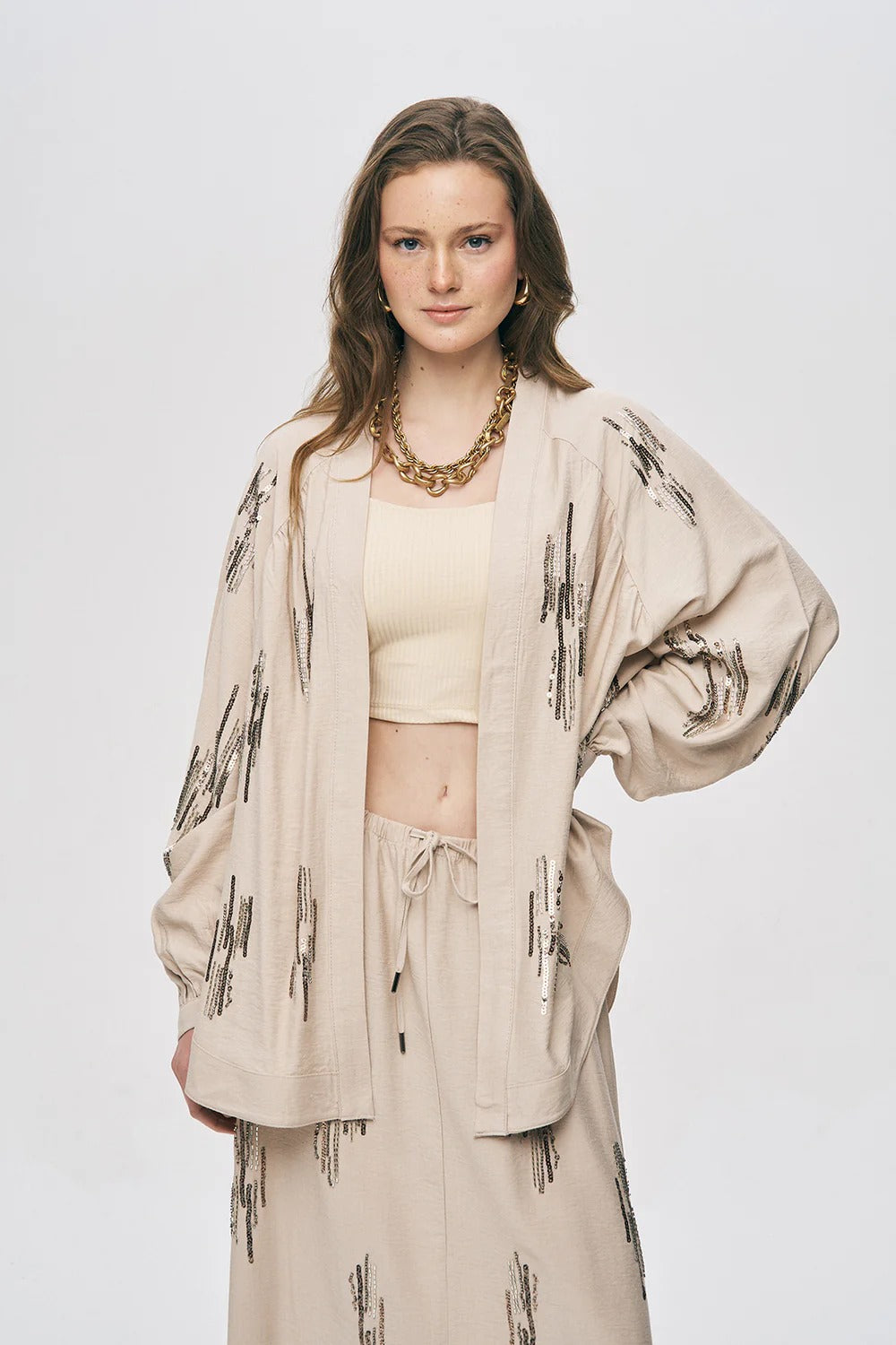 Glow Sequin & Beaded Oversized Viscose Kimono – Beige