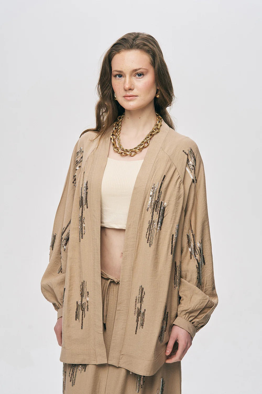 Glow Sequin & Beaded Oversized Viscose Kimono – Camel
