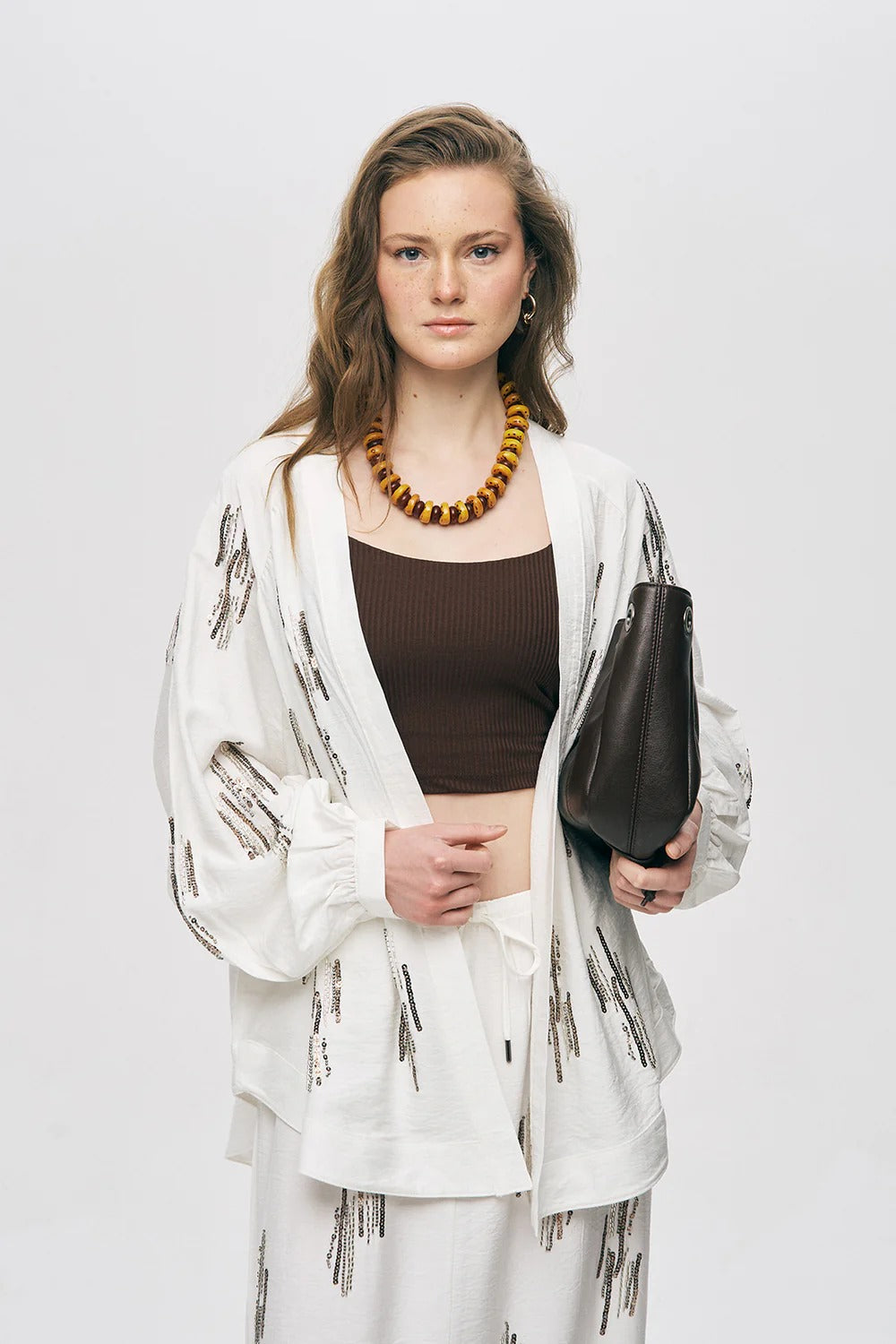 Glow Sequin & Beaded Oversized Viscose Kimono – Ecru