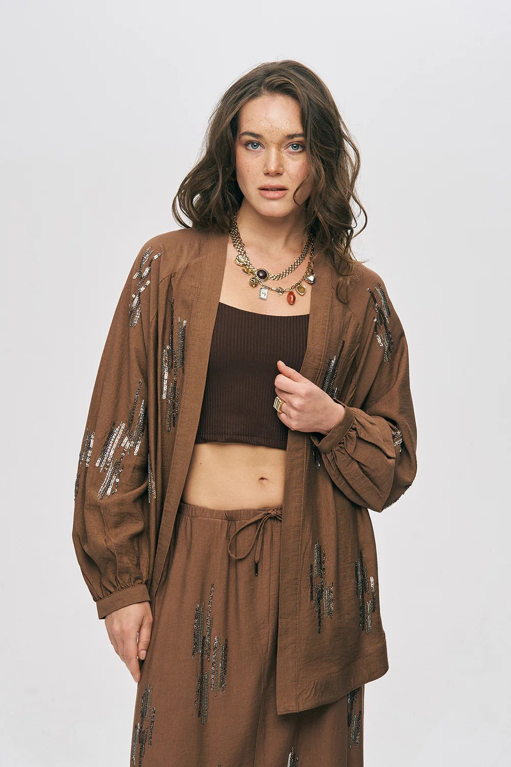Glow Sequin & Beaded Oversized Viscose Kimono – Brown