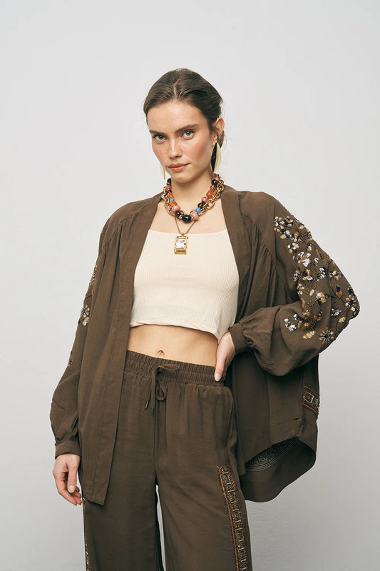 Limited Collection Elegant Sparkle Sequin & Beaded Oversized Kimono – Brown