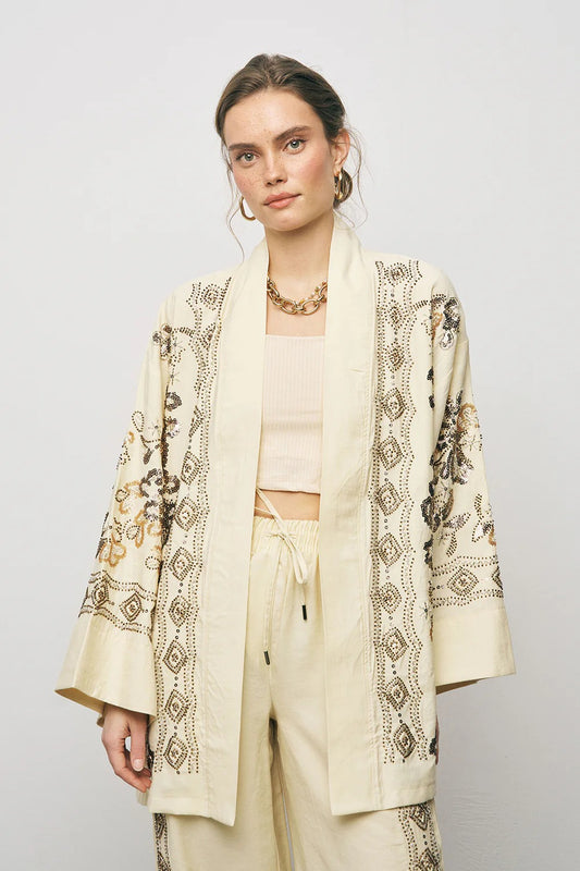 Limited Collection Ethnic Glow Beaded & Embroidered Luxury Lyocell Oversized Kimono - Yellow