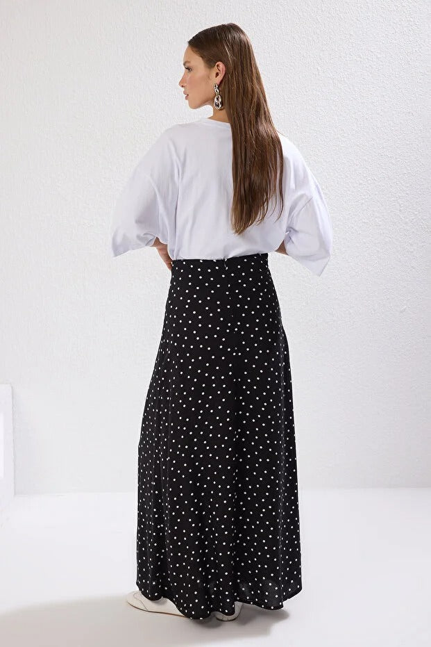 Black & White Polka Dot 100% Viscose Midi Skirt — Modest High-Waist A-Line