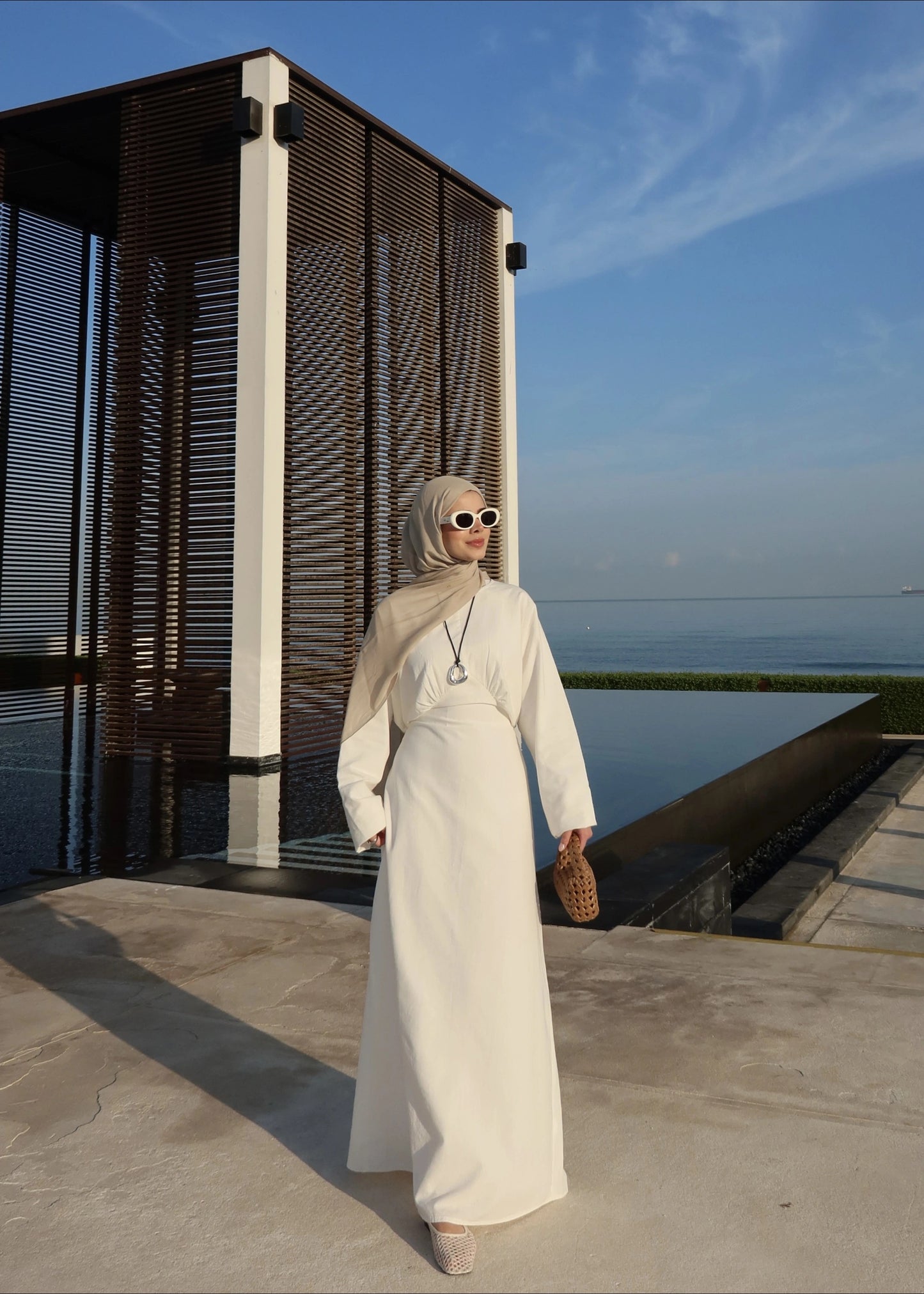 White Cotton Tie-Back Maxi Dress - Waist Detail Long Sleeve Gown