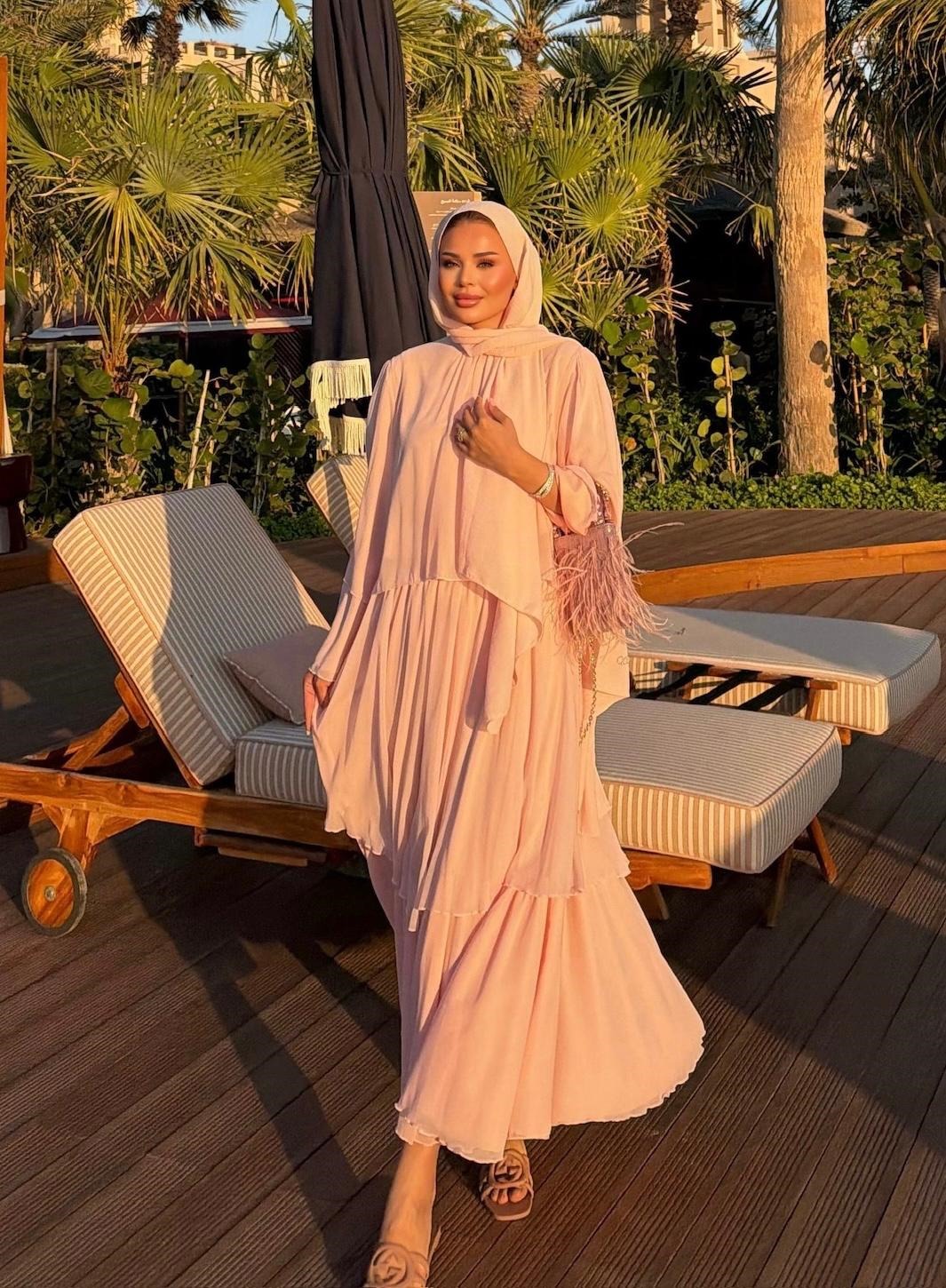 Layered Cape Chiffon Co-ord Set with Tiered Ruffle Skirt - Pink