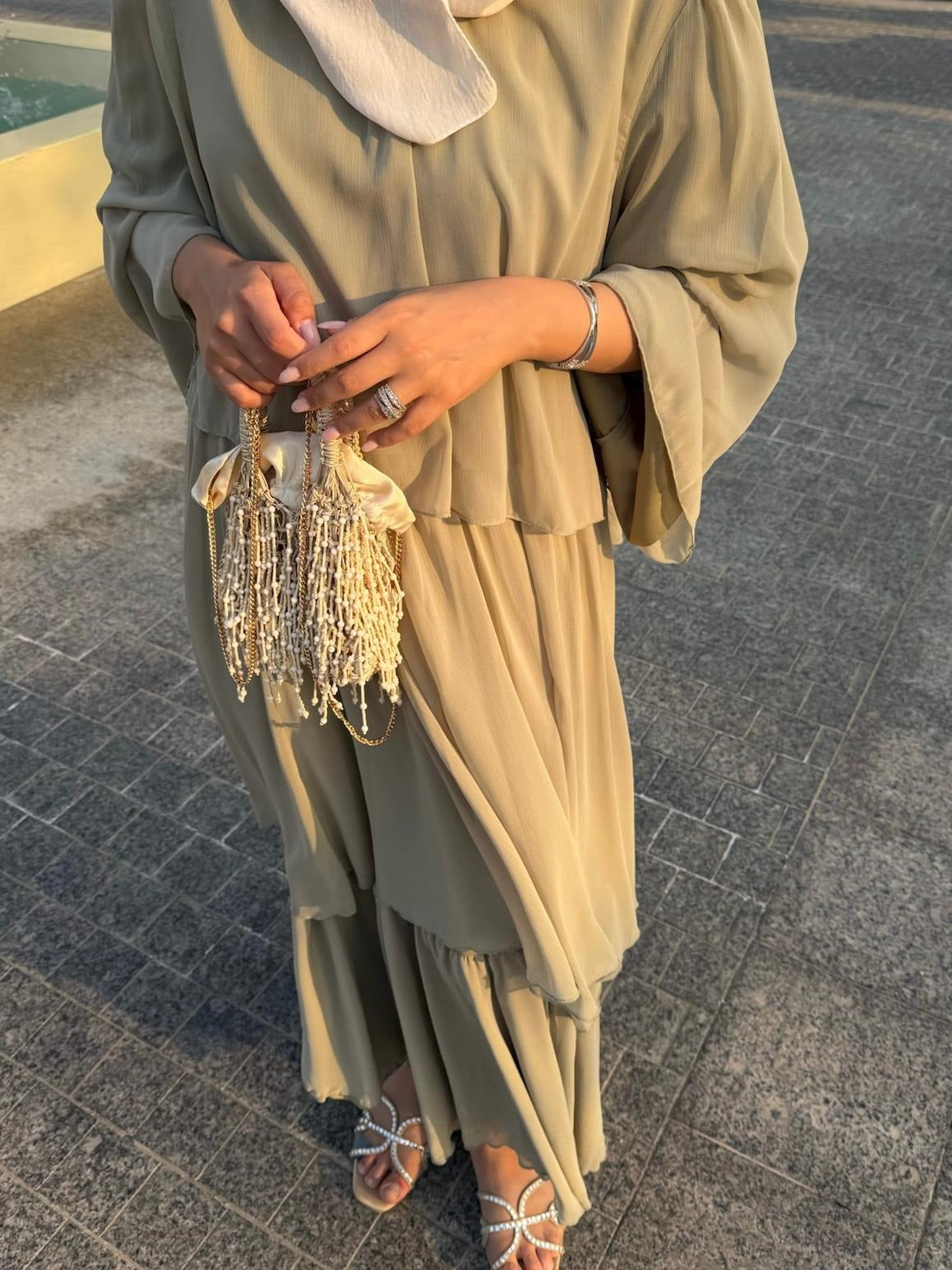 Layered Cape Chiffon Co-ord Set with Tiered Ruffle Skirt - Light Green