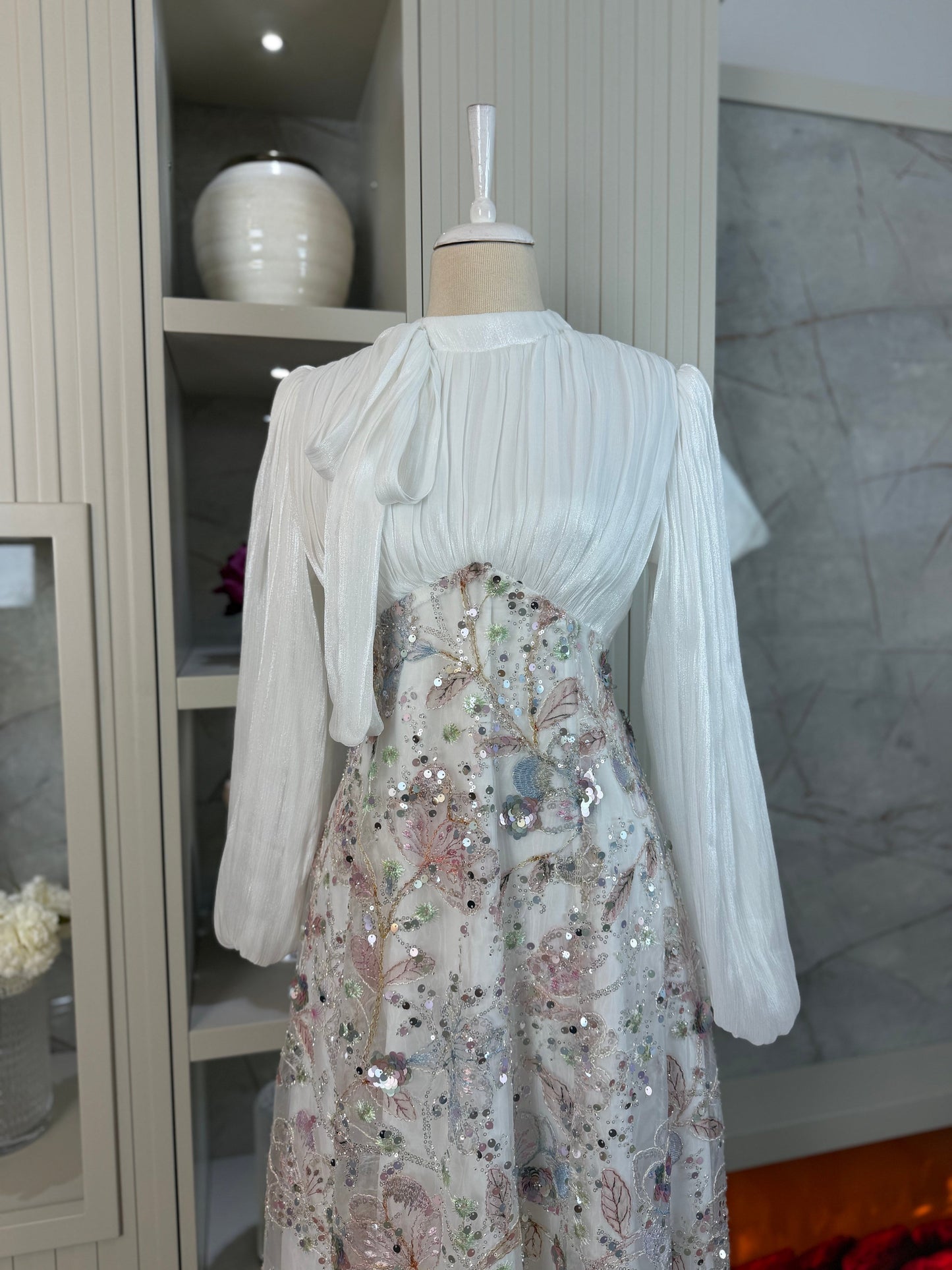 Lisbonne Orchid & Embroidery Modest Evening Gown - White