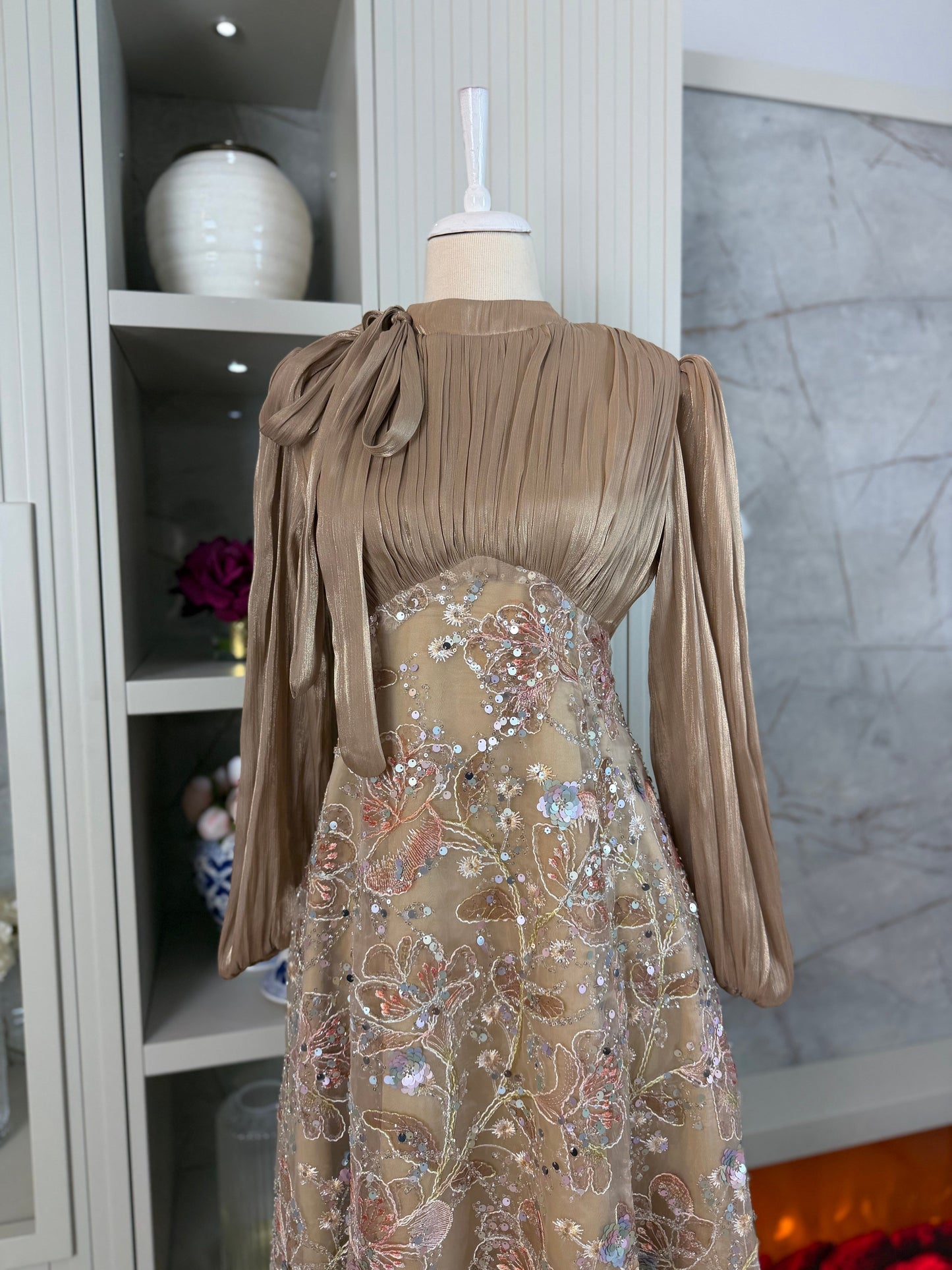 Lisbonne Orchid & Embroidery Modest Evening Gown - Gold