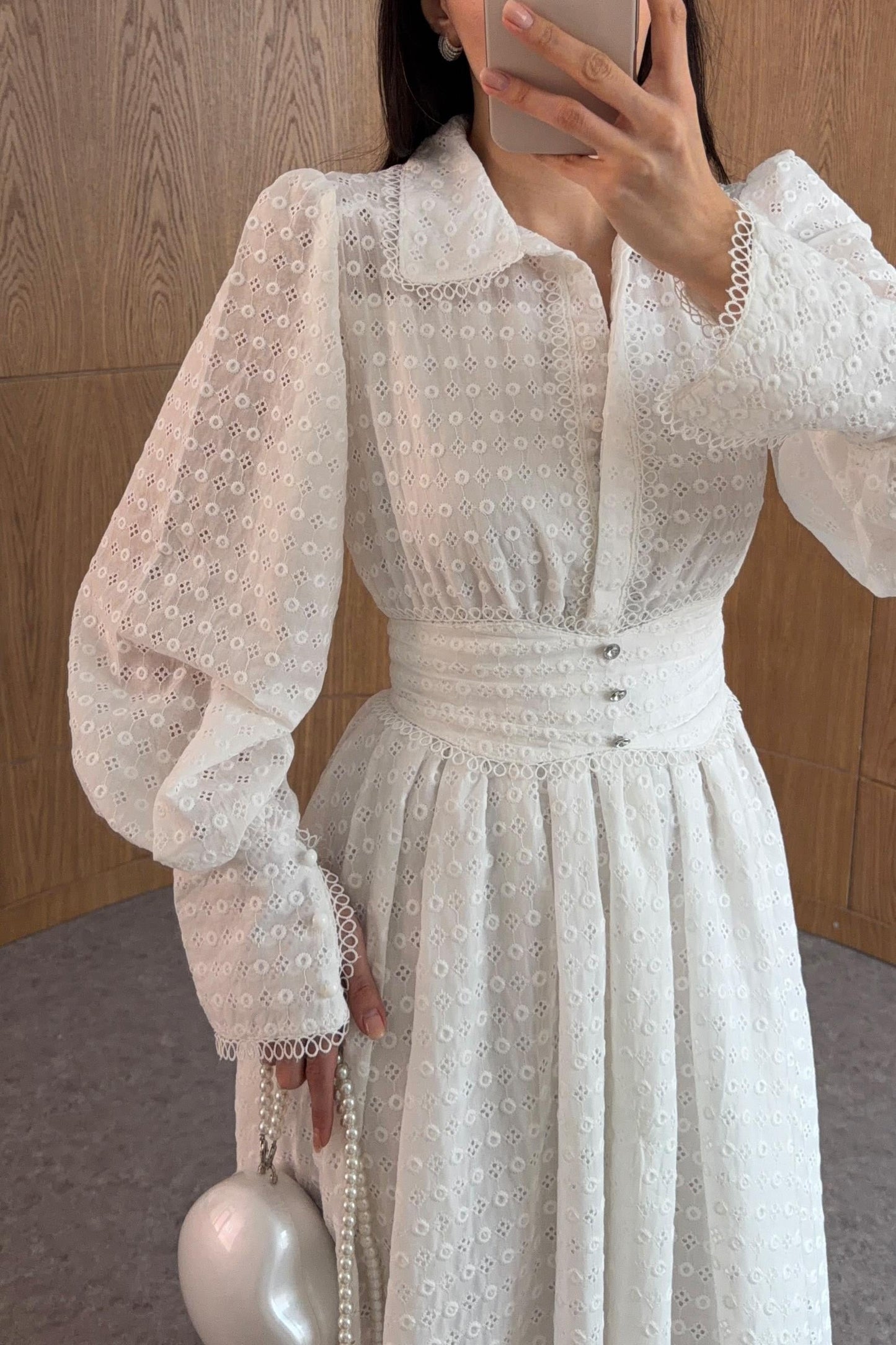 White Broderie Anglaise Midi Dress with Puff Sleeves & Structured Waist Detail