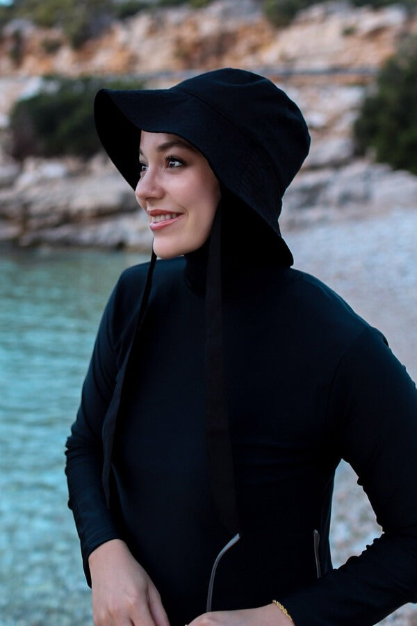 Tie-Detail Bucket Hat - Quick-Dry Wide Brim Sun Hat in Black