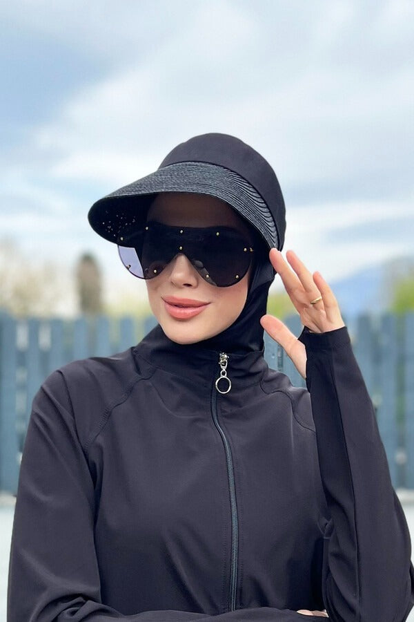 Foldable Straw Sun Visor - Wide Brim Roll-Up Beach Hat in Black
