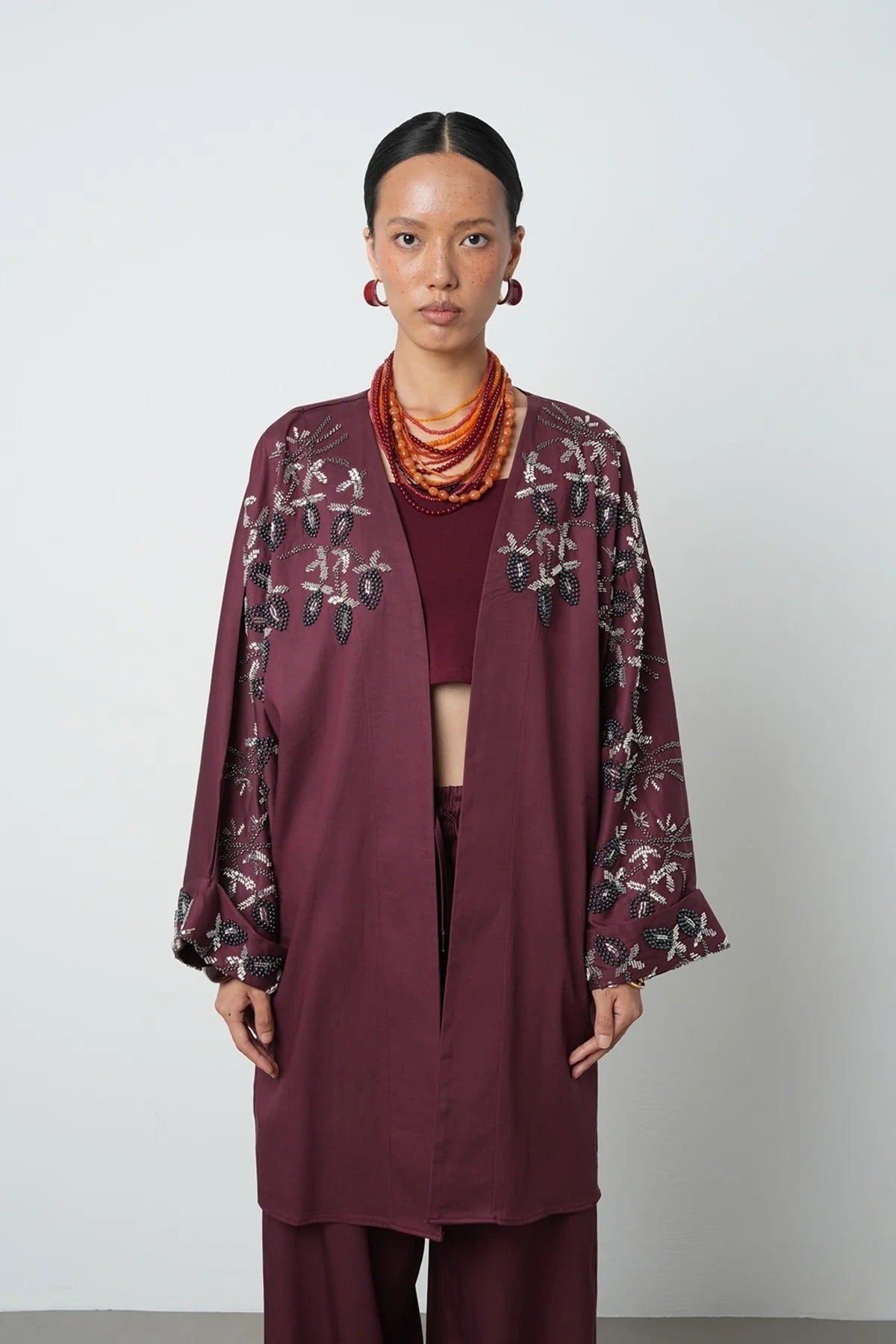 Limited Collection Beaded Collar & Sleeve Detail Oversized Long Kimono – Burgundy