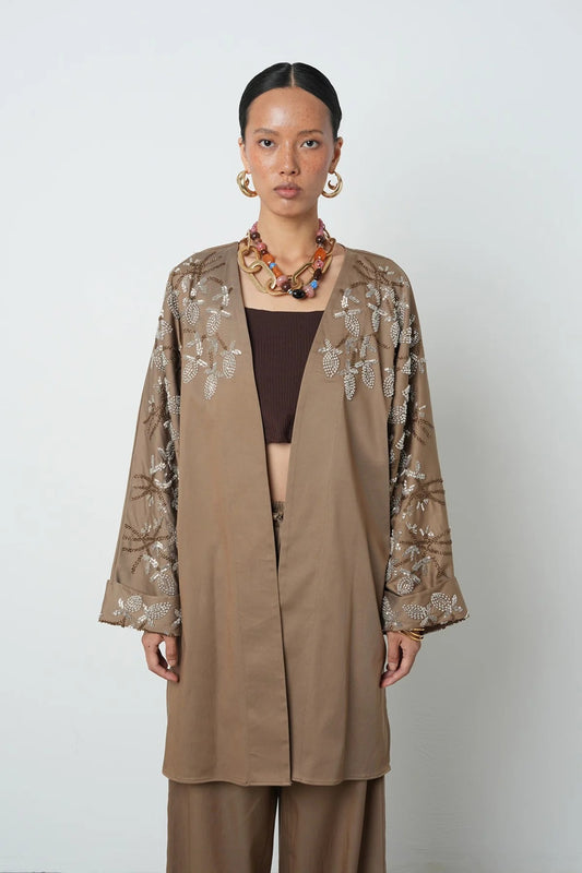Limited Collection Beaded Collar & Sleeve Detail Oversized Long Kimono – Earth Tone