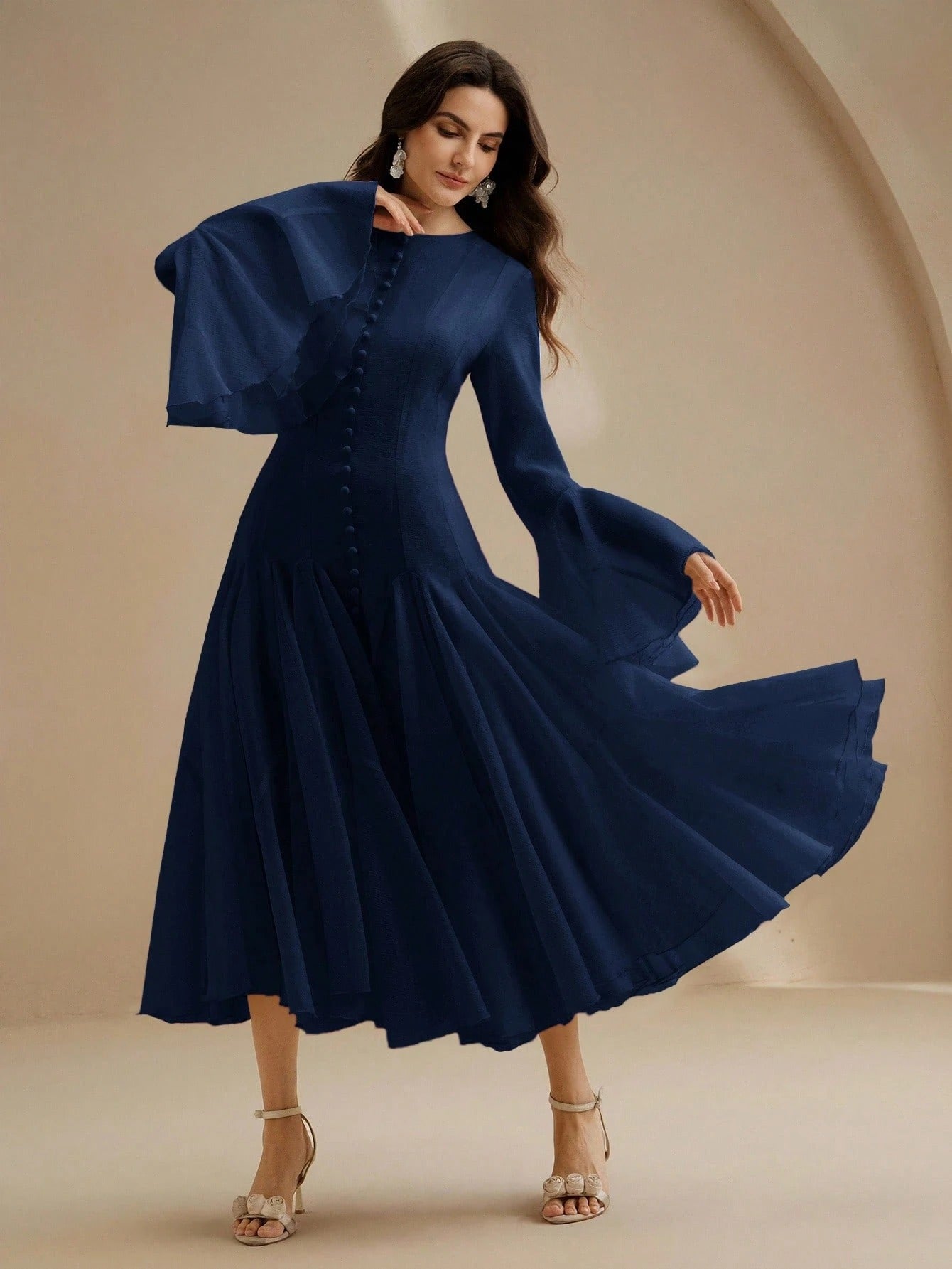 Navy Blue Long‑Sleeve Flared Midi Dress with Button Flare Sleeves
