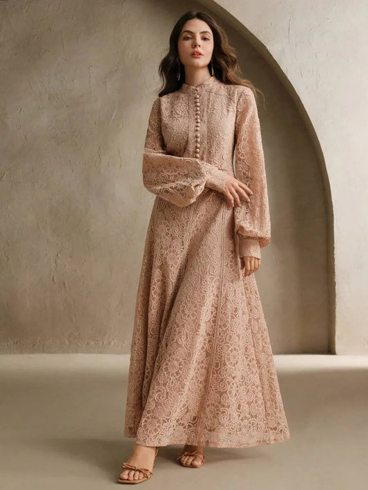 Long‑Sleeve Rose Lace Maxi Dress – Soft Pink
