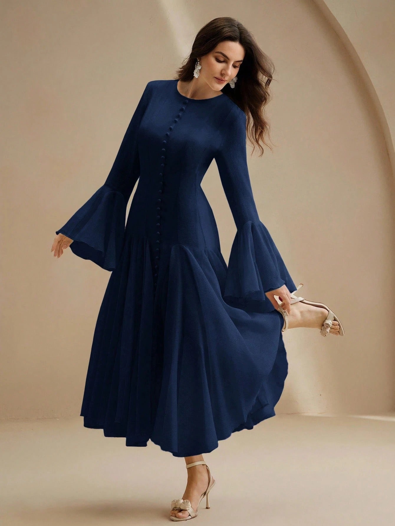 Navy Blue Long‑Sleeve Flared Midi Dress with Button Flare Sleeves