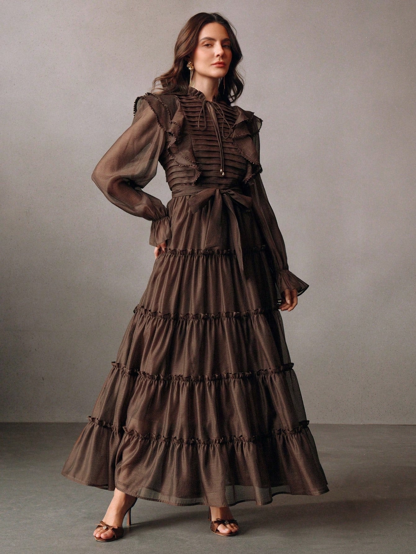 Elaire Elegant Ruched‑Hem Party Dress -Brown