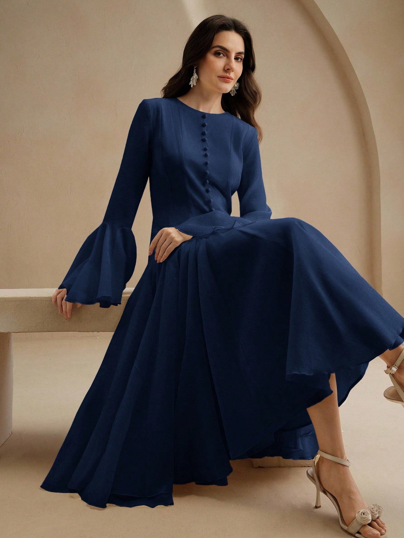 Navy Blue Long‑Sleeve Flared Midi Dress with Button Flare Sleeves