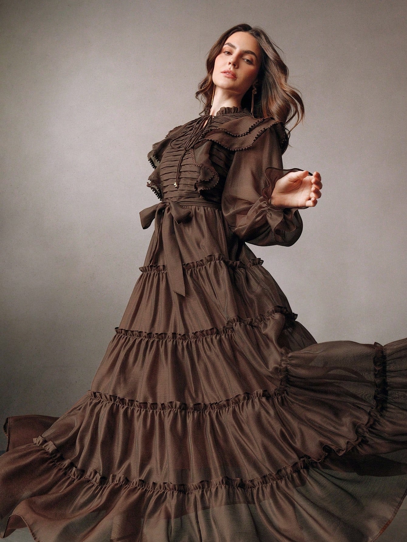 Elaire Elegant Ruched‑Hem Party Dress -Brown